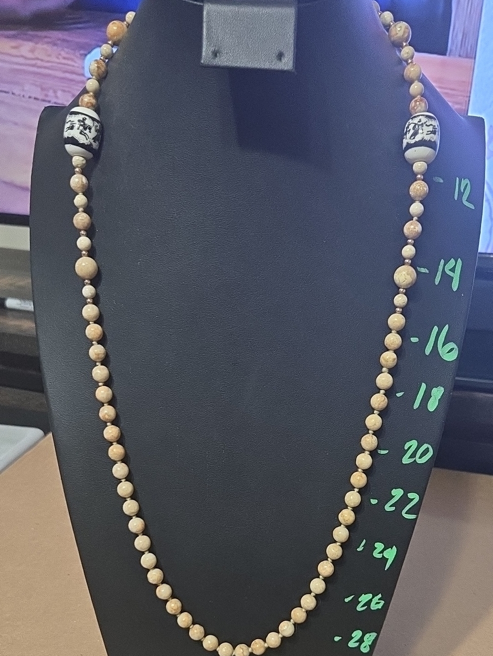 Jasper Stone Bead Hand Knotted Necklace with Decorative Transfer Accent Beads